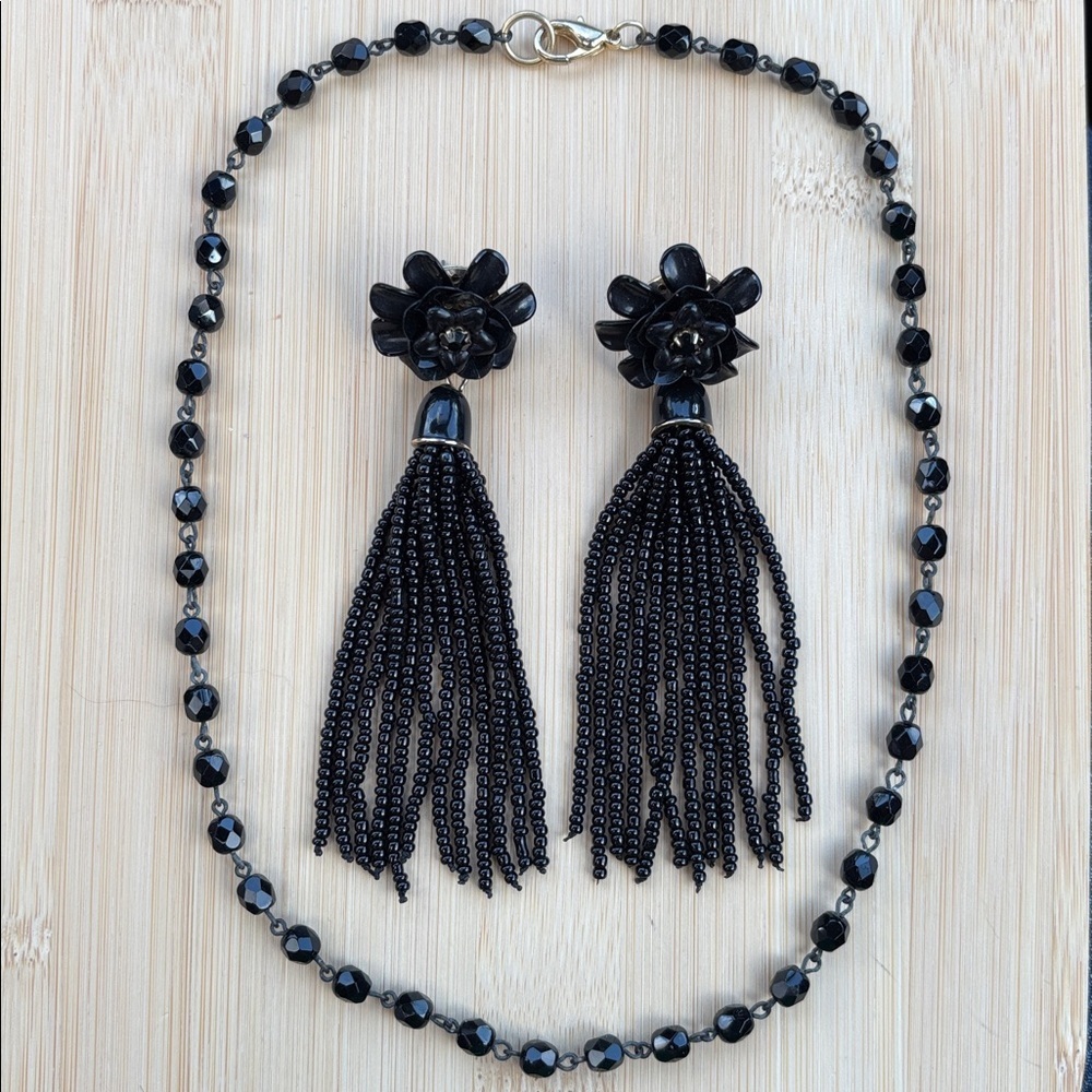 Anthropologie Black Floral Beaded Tassel Earrings & Vintage Beaded Necklace Set